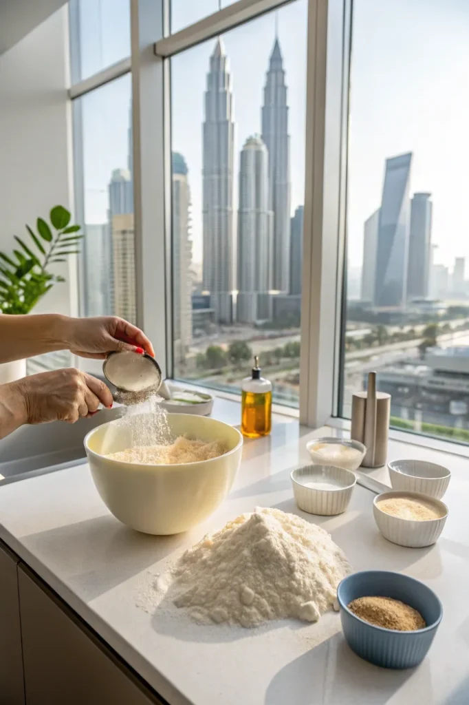 Mixing 647 bread ingredients into dough in a bright white apartment kitchen with skyscraper view.