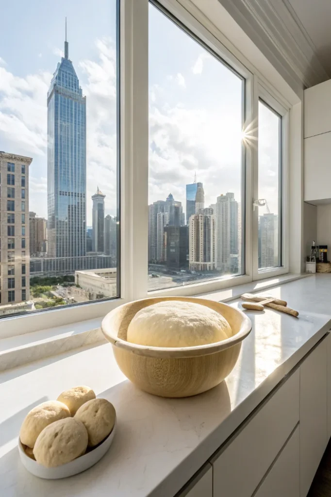 647 bread ingredients displayed in a modern daylight white kitchen with skyscraper apartment view.