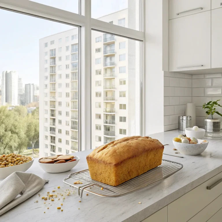 Fresh 647 bread cooling in a daylight white kitchen with a view of city skyscrapers.