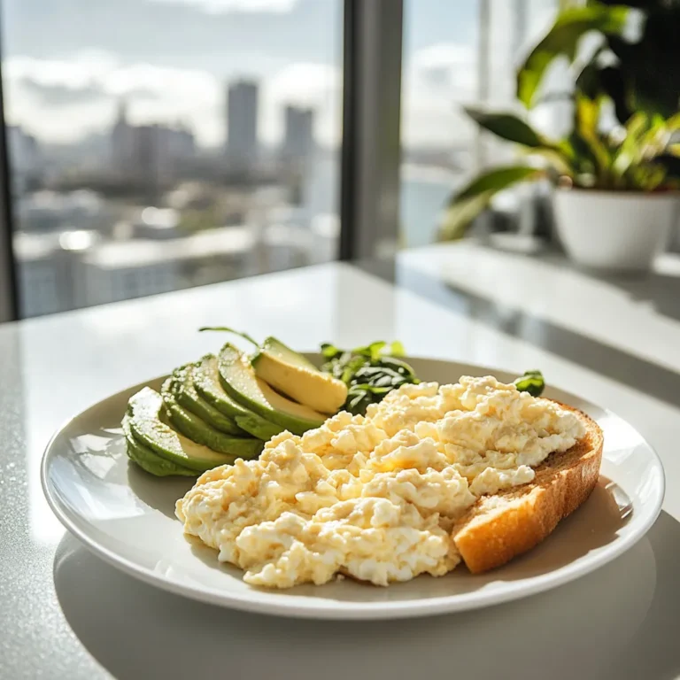 Top view of scrambled eggs with cottage cheese breakfast served in white kitchen with daylight city view.