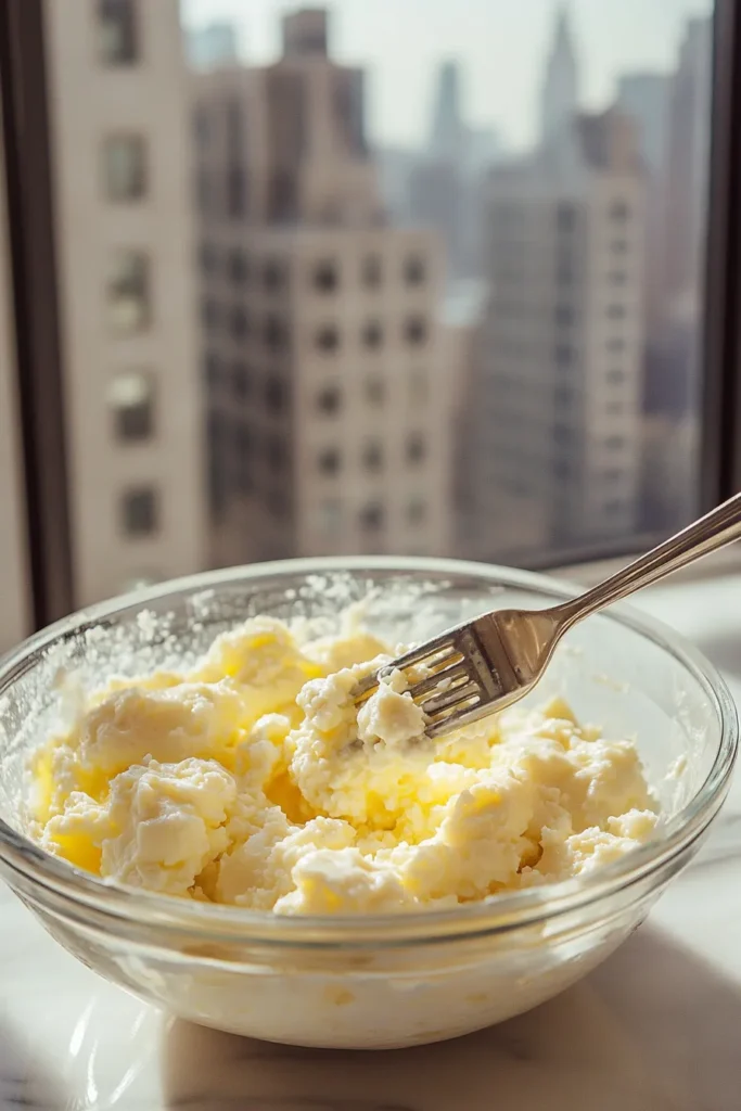 Finished scrambled eggs with cottage cheese served in a modern daylight kitchen with skyscraper view.