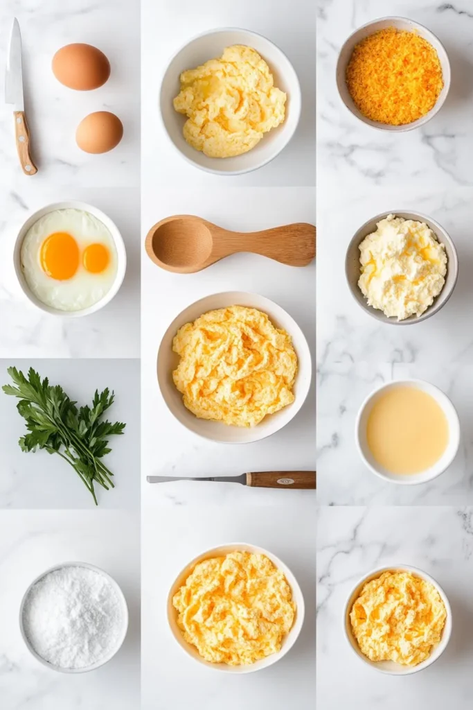 Collage of scrambled eggs with cottage cheese cooking steps shown in daylight white kitchen with city view.