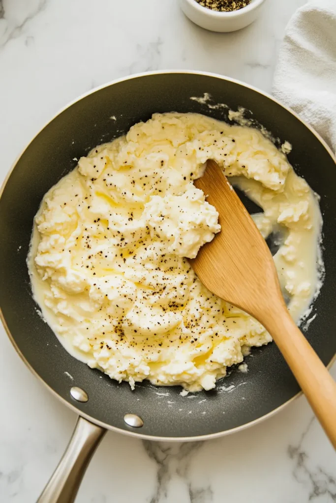 Pouring scrambled eggs with cottage cheese into skillet in a white kitchen with apartment skyline view.