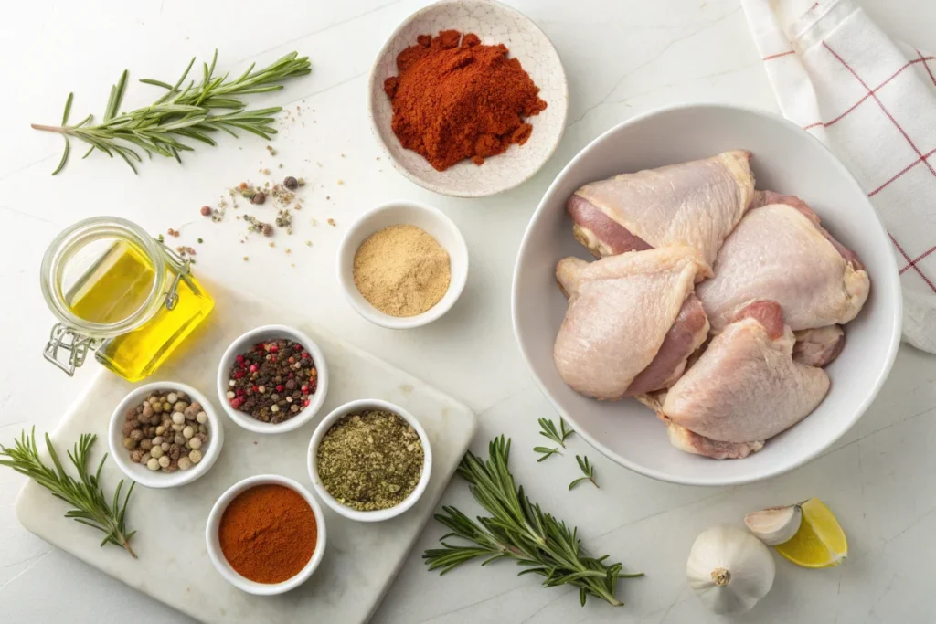 Fresh raw chicken thighs with seasonings like paprika, garlic powder, and black pepper on a white kitchen counter.