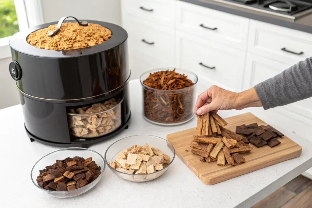 A variety of wood chips, including hickory and applewood, displayed on a white kitchen counter for smoking chicken thighs.