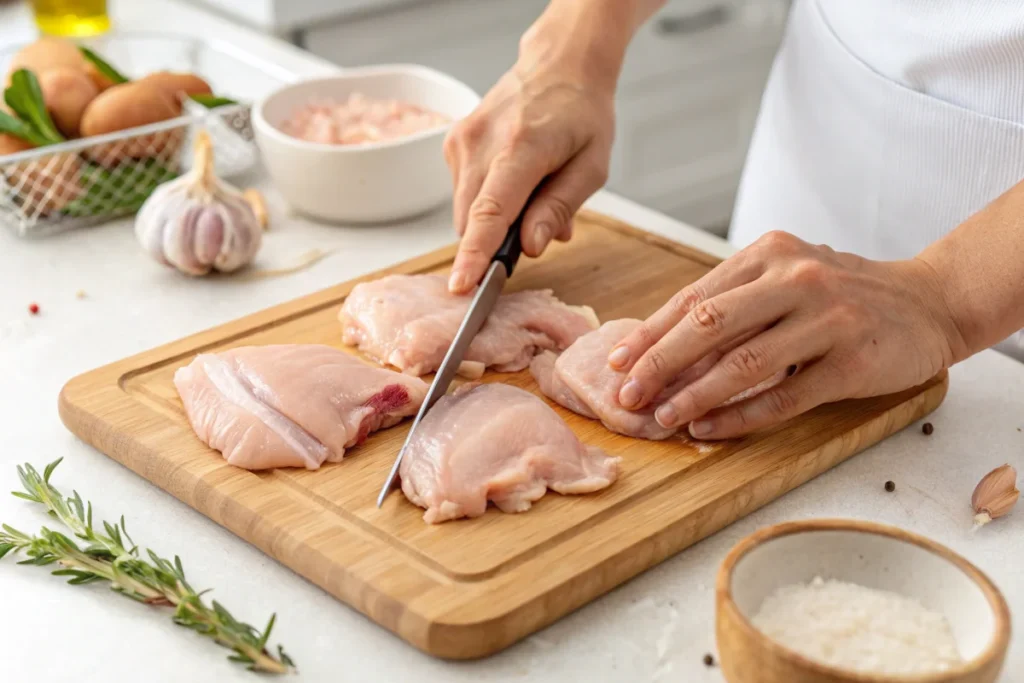 Hands trimming excess fat from raw chicken thighs on a wooden cutting board in a white kitchen.