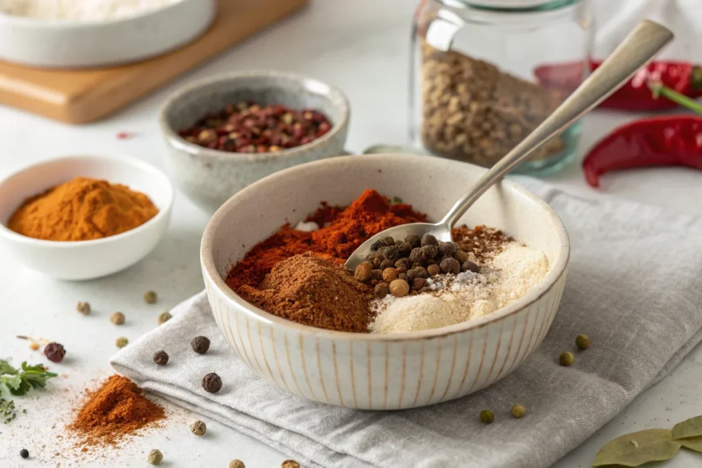 A bowl of smoked chicken spice rub being mixed in a white kitchen, featuring paprika, brown sugar, and salt.