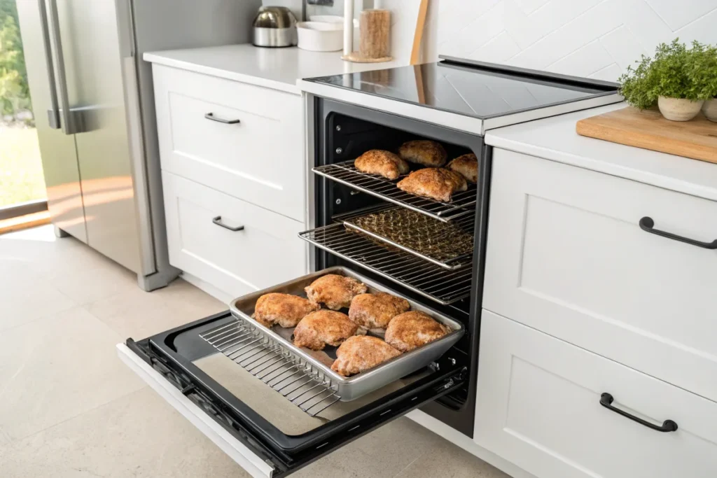 Seasoned chicken thighs placed inside a smoker in a white kitchen with smoke rising.