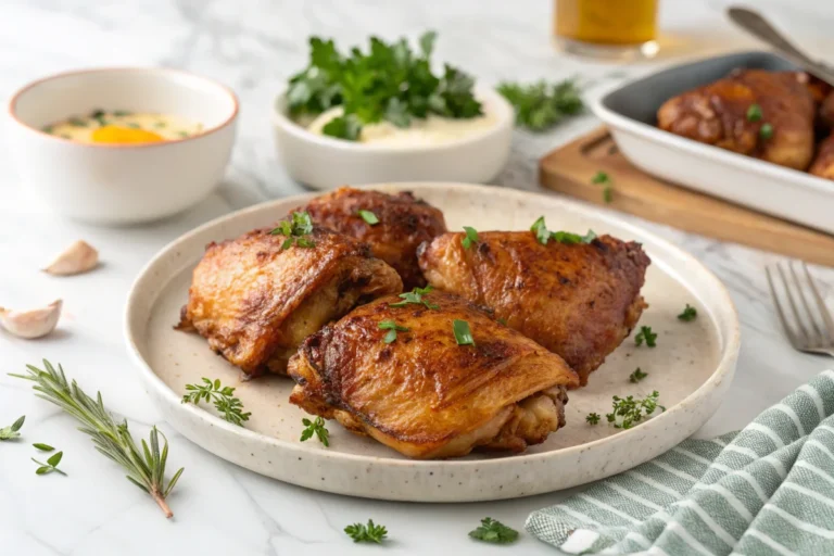 A plate of golden-brown smoked chicken thighs resting on a white kitchen counter, garnished with fresh herbs