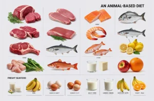 A visually organized infographic showcasing various animal-based foods, including meats, seafood, eggs, dairy products, and complementary fruits like lemons, apples, and oranges.