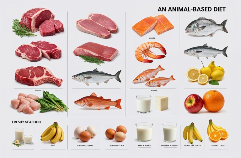 A visually organized infographic showcasing various animal-based foods, including meats, seafood, eggs, dairy products, and complementary fruits like lemons, apples, and oranges.