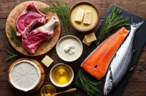 A spread of raw ribeye steak, salmon, blocks of butter, cheese, olive oil, and fresh herbs on a rustic wooden table.