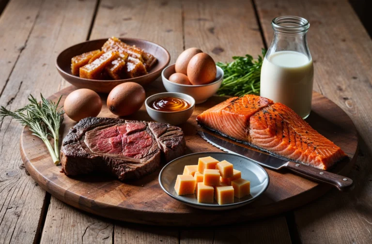 A wooden platter featuring raw steak, grilled salmon, honeycomb, eggs, milk, and herbs on a rustic table.