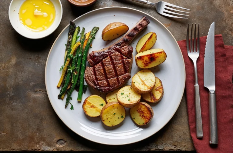 A deliciously grilled steak paired with crispy roasted potatoes, charred asparagus, and a drizzle of melted butter for a classic and satisfying dinner.