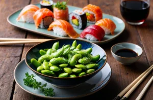 A bowl of edamame sprinkled with salt, accompanied by an assortment of sushi rolls and dipping sauces on a wooden table.