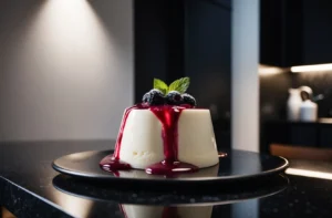 A rich and creamy panna cotta topped with a vibrant berry sauce, adorned with fresh blackberries and mint leaves, presented on a sleek black plate. The modern kitchen backdrop enhances the dessert’s elegance.