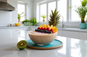 A tropical smoothie bowl decorated with an array of fruits, including pineapple slices, blueberries, and strawberries, with a whole pineapple placed centrally. Set in a bright and airy kitchen for a refreshing vibe.