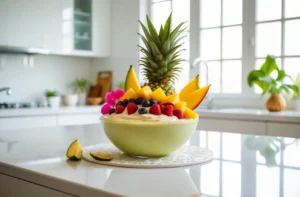 A creamy smoothie bowl featuring fresh tropical fruits like mango, strawberries, blueberries, and pineapple, beautifully layered and topped with a pineapple crown. The white kitchen backdrop emphasizes its vibrant colors.