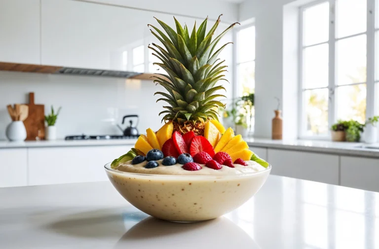 A luxurious smoothie bowl featuring tropical fruit slices, a pineapple crown, and fresh berries. The clean, modern kitchen in the background highlights the colorful presentation.