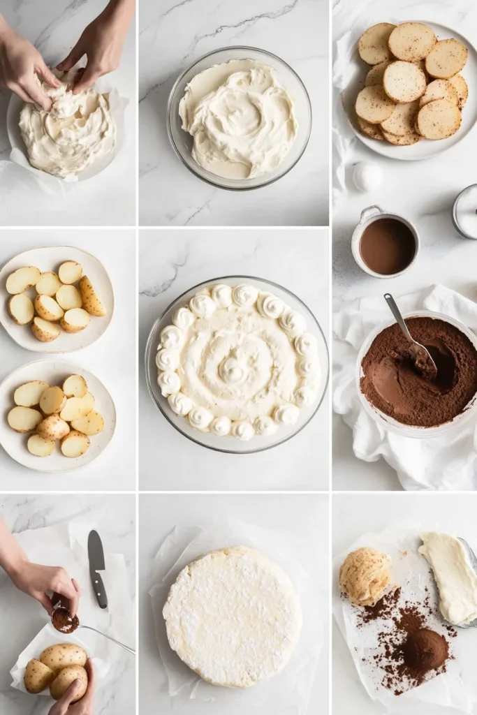 Top view of layering potato pavé in a white daylight kitchen with apartment skyscraper view.