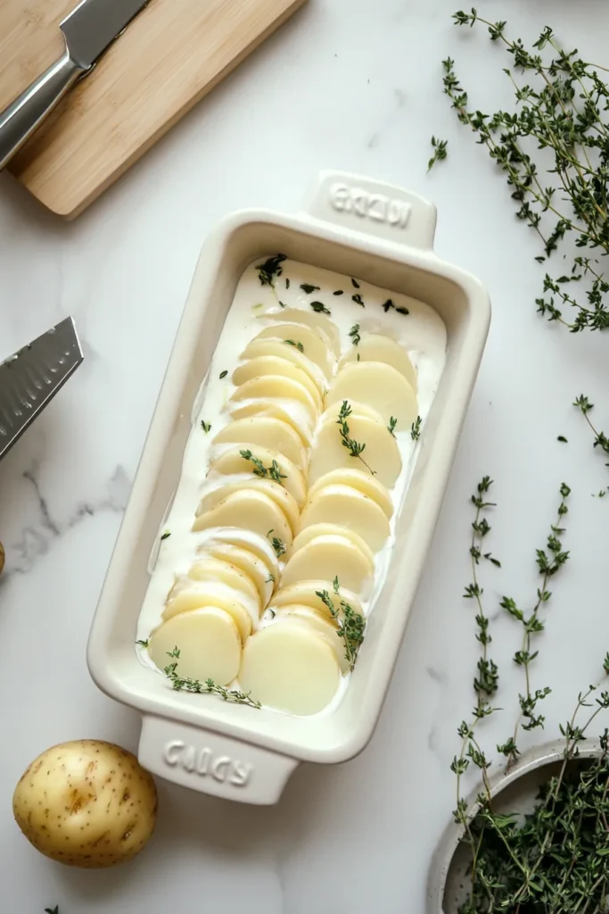 Pan-frying sliced potato pavé in a white daylight apartment kitchen with skyscraper backdrop.