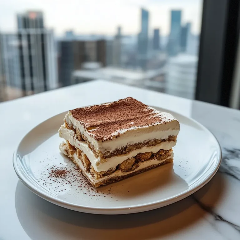 Top view of served dessert pavê in a white daylight kitchen with skyscraper apartment view.