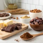 A white kitchen counter displaying cocoa beans, cocoa butter, sugar, and dates, key ingredients in Dubai chocolate.