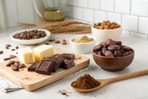 A white kitchen counter displaying cocoa beans, cocoa butter, sugar, and dates, key ingredients in Dubai chocolate.