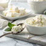 A spoonful of fresh cottage cheese showing its creamy and lumpy texture, placed on a white marble countertop in a bright white kitchen.