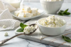 A spoonful of fresh cottage cheese showing its creamy and lumpy texture, placed on a white marble countertop in a bright white kitchen.