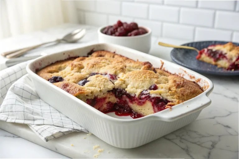 A freshly baked dump cake with a golden brown topping and bubbling fruit filling, placed on a white marble countertop in a bright white kitchen.