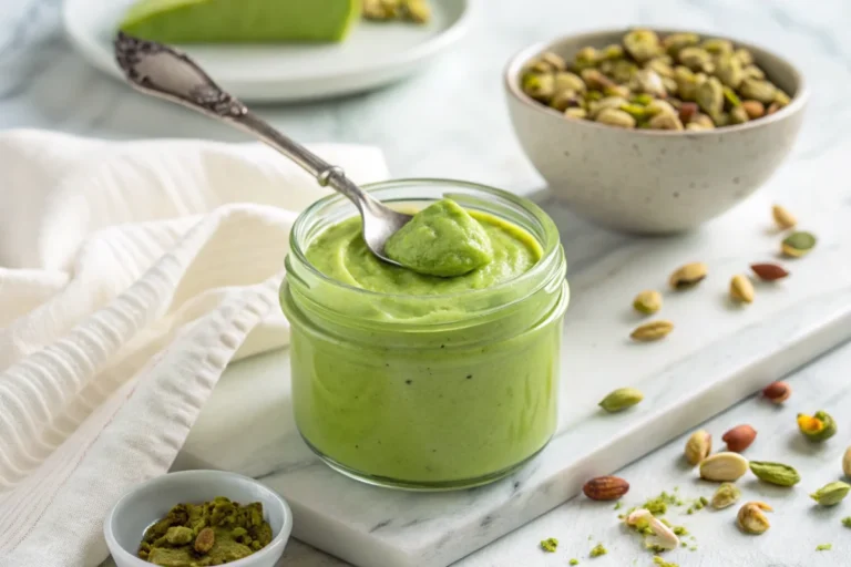 A glass jar of homemade pistachio cream with a spoon dipped in, showcasing its rich and creamy texture, set on a white marble countertop in a bright white kitchen.