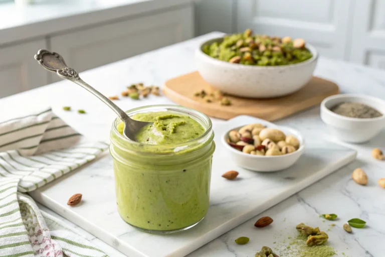 A jar of smooth pistachio cream with a spoon dipping into it, placed on a white marble countertop in a bright white kitchen, highlighting its rich texture.