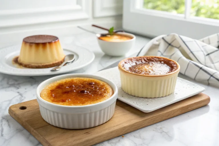 A side-by-side comparison of crème brûlée with a caramelized sugar crust and flan with smooth caramel sauce, placed on a white marble countertop in a bright white kitchen.