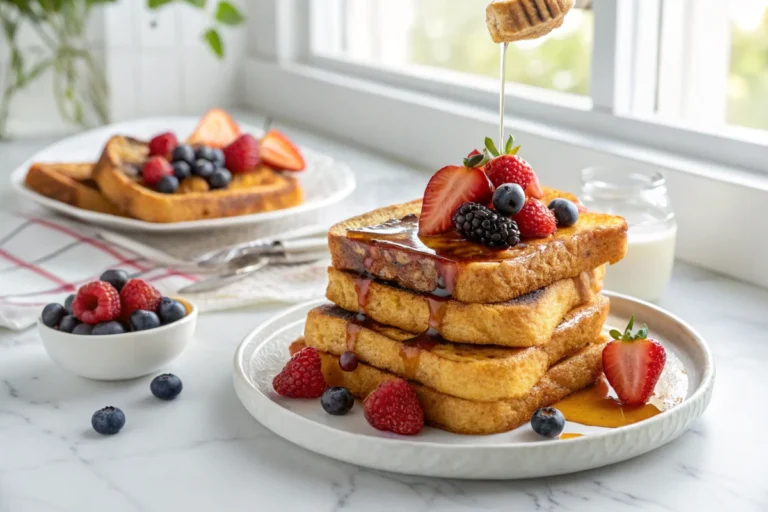 A stack of golden-brown French toast made without milk, drizzled with maple syrup and topped with fresh berries, placed on a white marble countertop in a bright white kitchen.