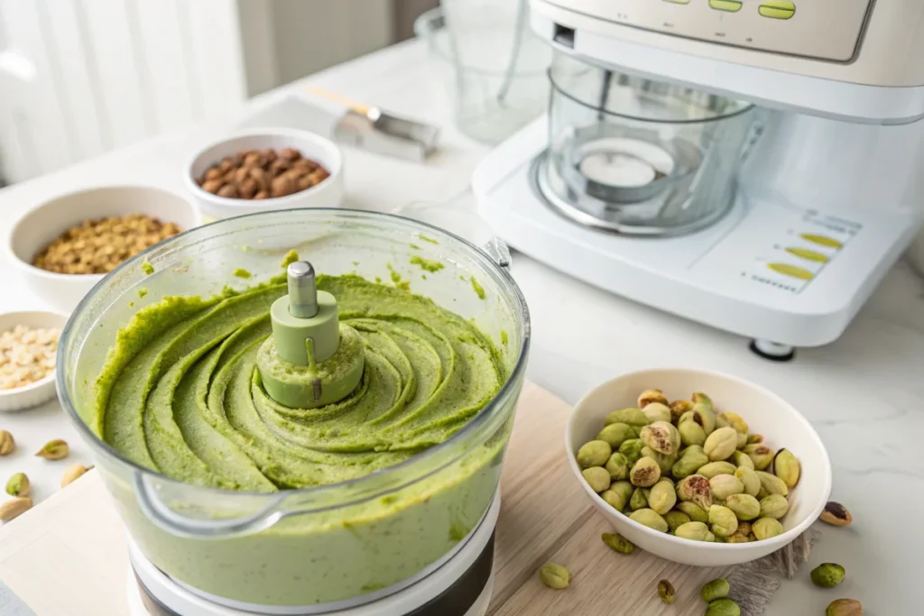 A glass jar of homemade pistachio cream with a spoon dipped in, showcasing its rich and creamy texture, set on a white marble countertop in a bright white kitchen.