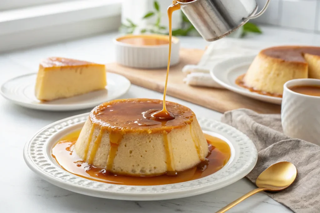 A freshly baked flan being inverted onto a white plate, with caramel sauce flowing over the top, placed on a white kitchen island with soft lighting.