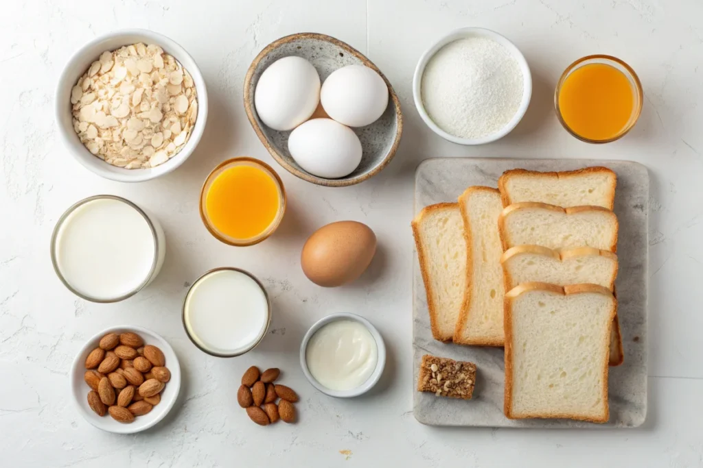 A white kitchen countertop with small bowls of almond milk, coconut milk, oat milk, yogurt, and orange juice, displayed as milk substitutes for French toast.