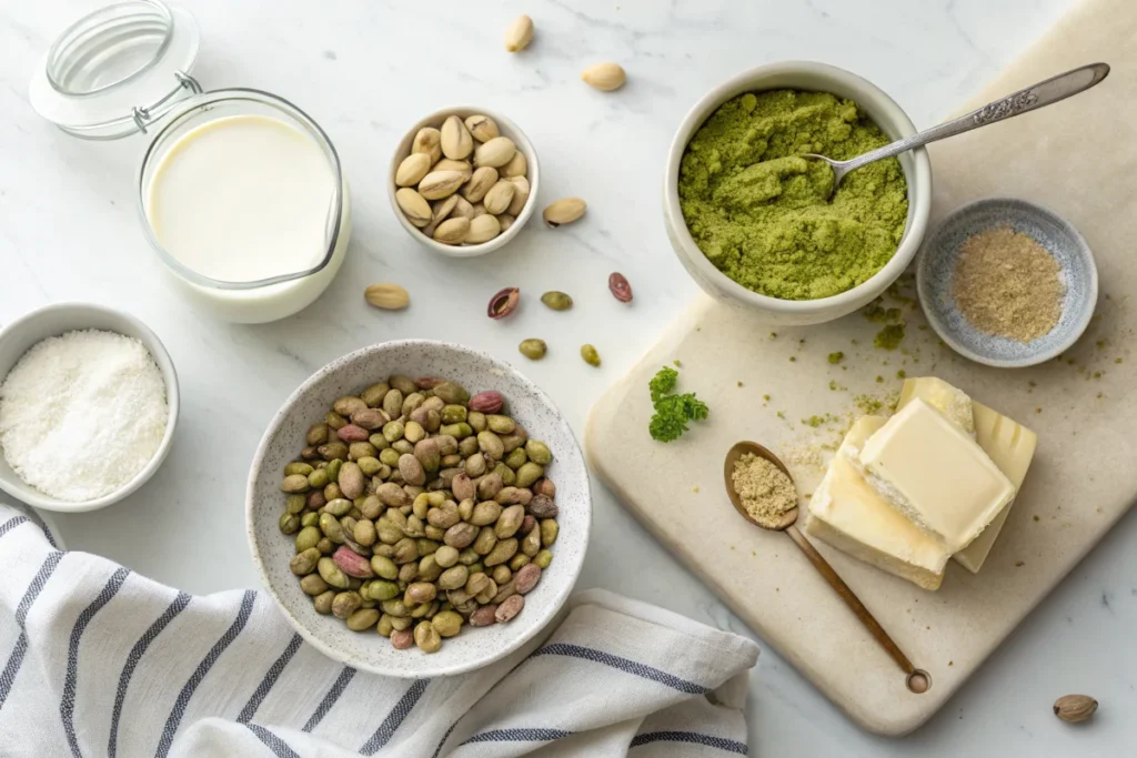 A bright white kitchen countertop displaying shelled pistachios, sugar, milk, and butter, ready for making homemade pistachio cream.