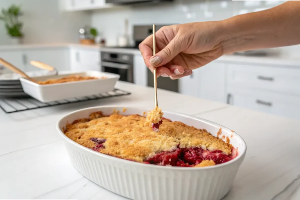 A close-up of a toothpick being inserted into a golden brown dump cake to check doneness, with bubbling fruit filling at the edges, in a bright white kitchen.