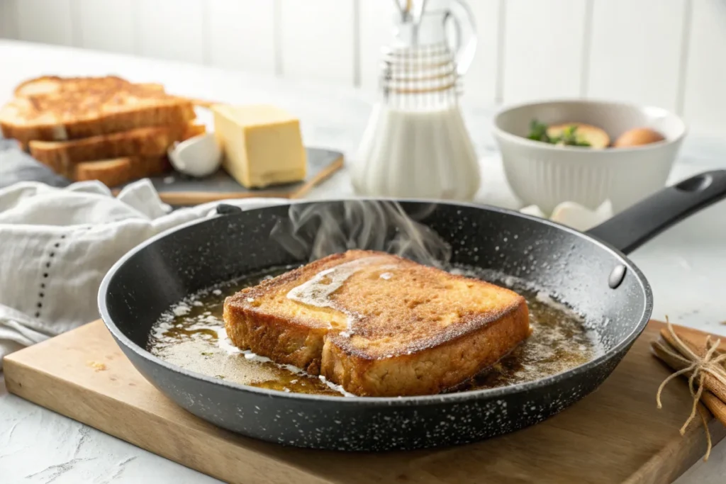 A slice of French toast sizzling in a pan, made with a dairy-free milk alternative, with steam rising in a bright white kitchen.