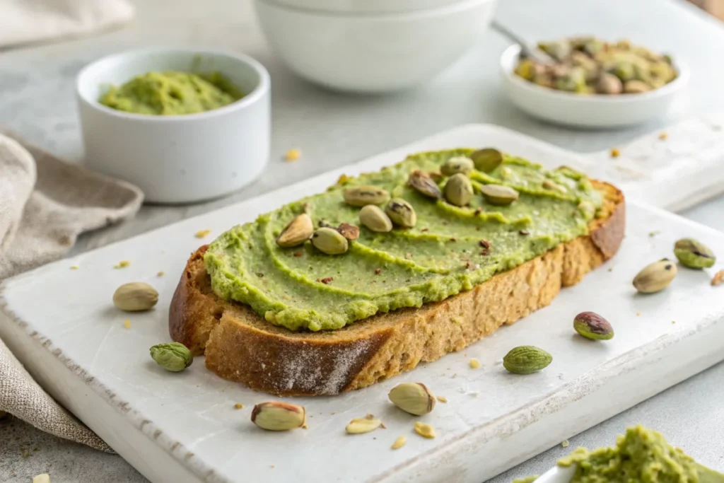 A slice of toast with a thick layer of pistachio cream, garnished with whole pistachios, placed on a white kitchen island with natural lighting.