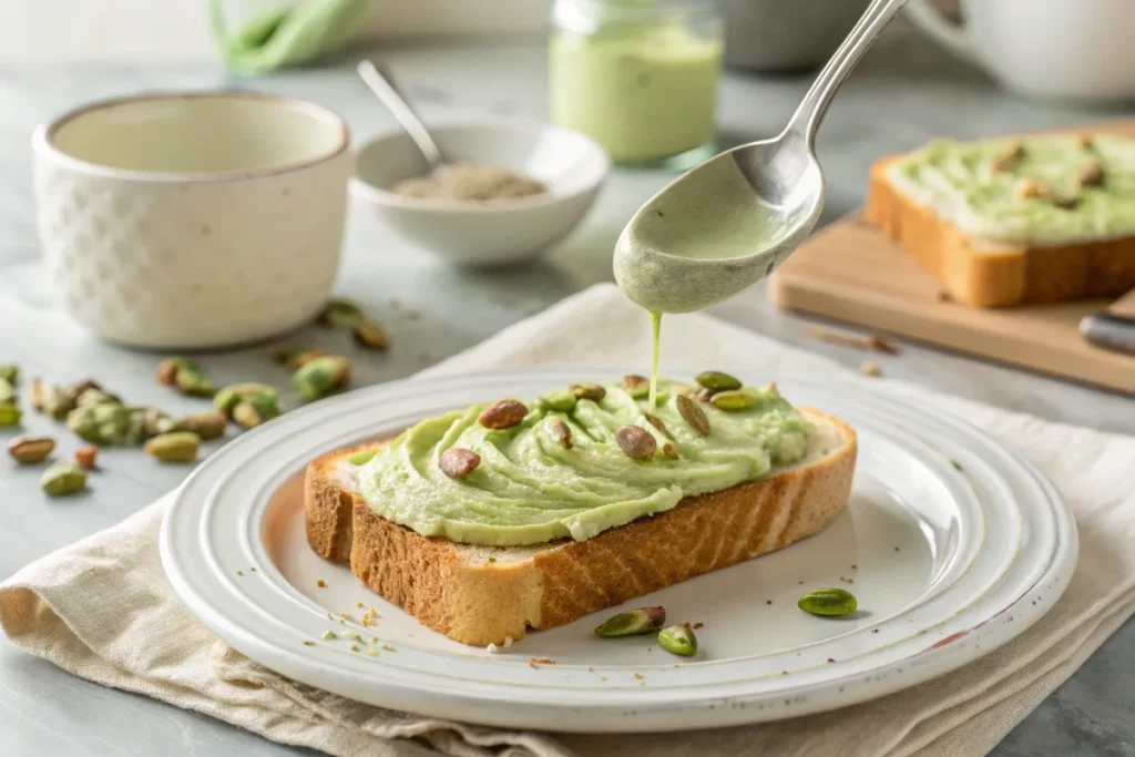 A spoon drizzling silky pistachio cream over a slice of toast, placed on a white plate in a bright white kitchen with soft natural lighting.