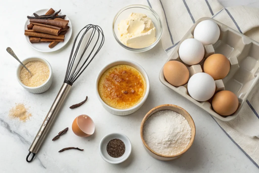  A white kitchen countertop displaying eggs, sugar, cream, vanilla beans, and a blowtorch, ready for making crème brûlée and flan.