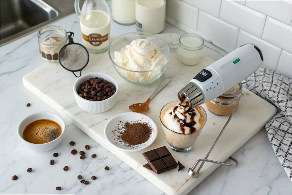 A bright white kitchen countertop displaying espresso shots, milk, ice, whipped cream, and a milk frother, ready for making cold cappuccino and Frappuccino at home.