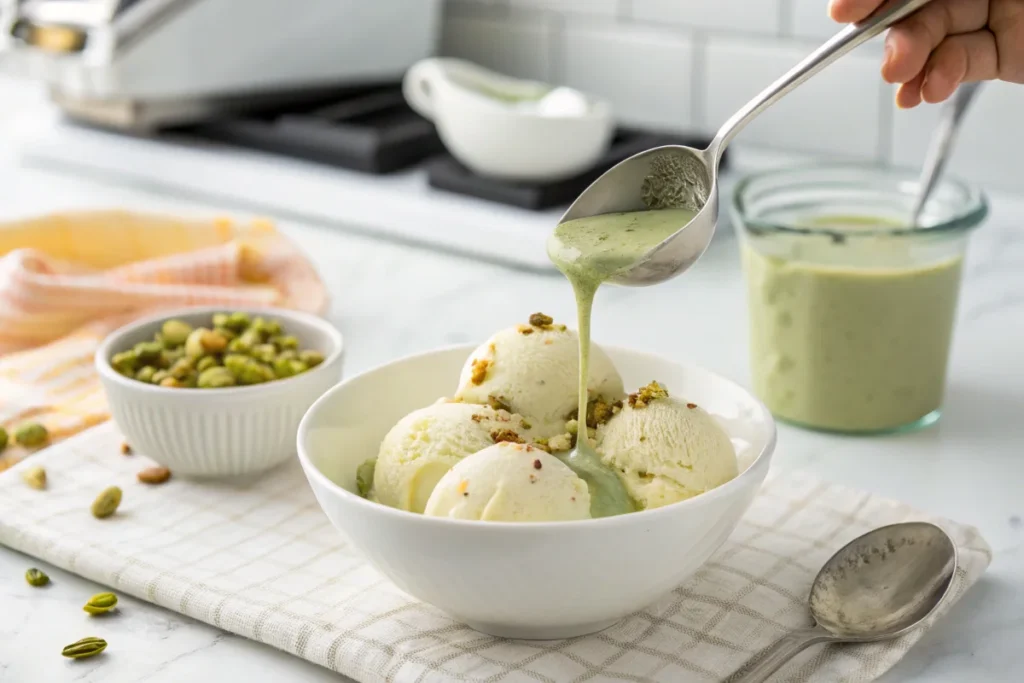 A spoon drizzling creamy pistachio spread over a bowl of vanilla ice cream, set in a bright white kitchen with a modern aesthetic.