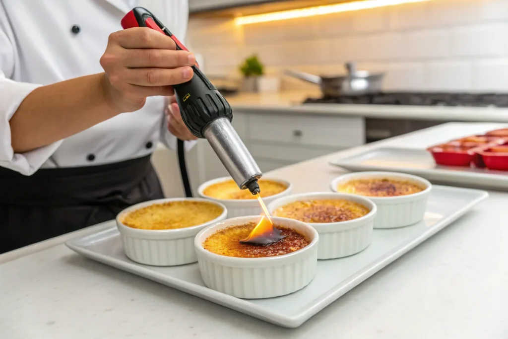 A person using a kitchen torch to create a caramelized sugar crust on crème brûlée, set in a bright white kitchen.