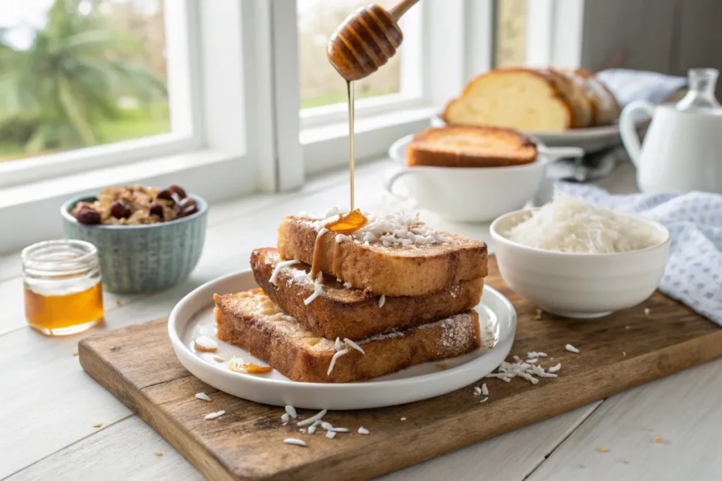 A plate of French toast made with coconut milk, topped with shredded coconut and drizzled with honey, set on a wooden kitchen island in a bright white kitchen.