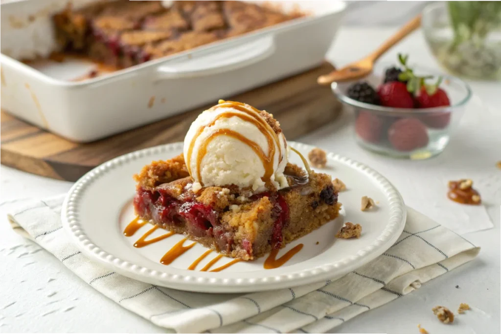 A slice of dump cake on a white dessert plate, topped with vanilla ice cream and caramel drizzle, set on a white kitchen island with soft natural lighting.