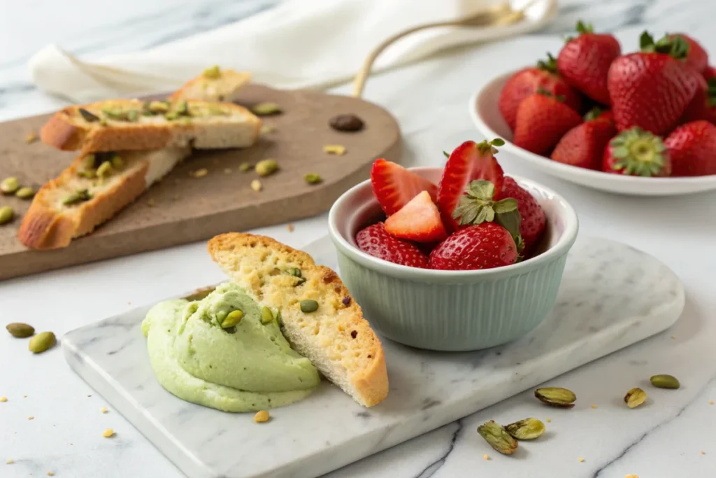 A small bowl of homemade pistachio cream paired with fresh strawberries and biscotti, arranged on a white marble countertop in a bright white kitchen.